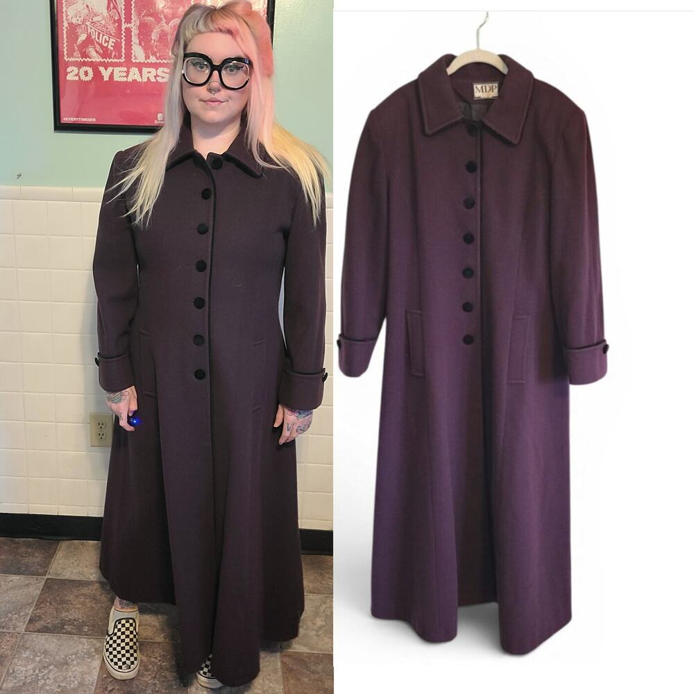 Vintage 60s 70s Deep Purple Mario De Pinto Wool Long Pea Coat Women's Size 12